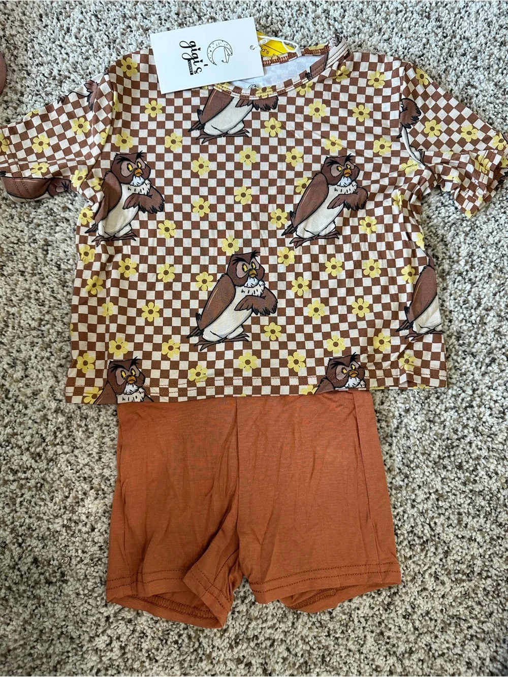 Brown Check Owl Kids Bamboo Short Set - Brown/Orange